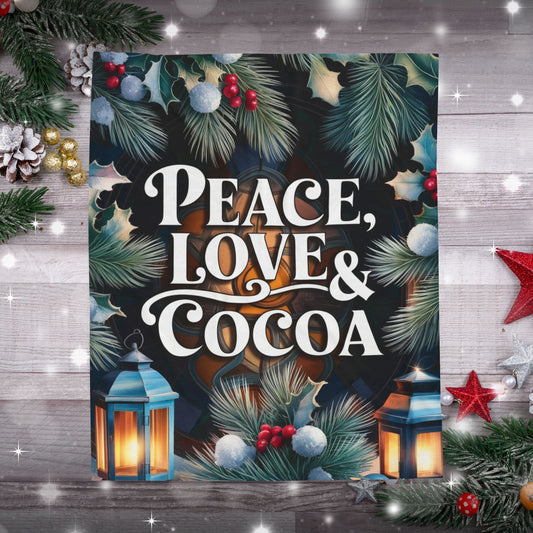 Cozy Christmas blanket “Peace, Love & Cocoa” holiday throw for warmth, relaxation, and joy