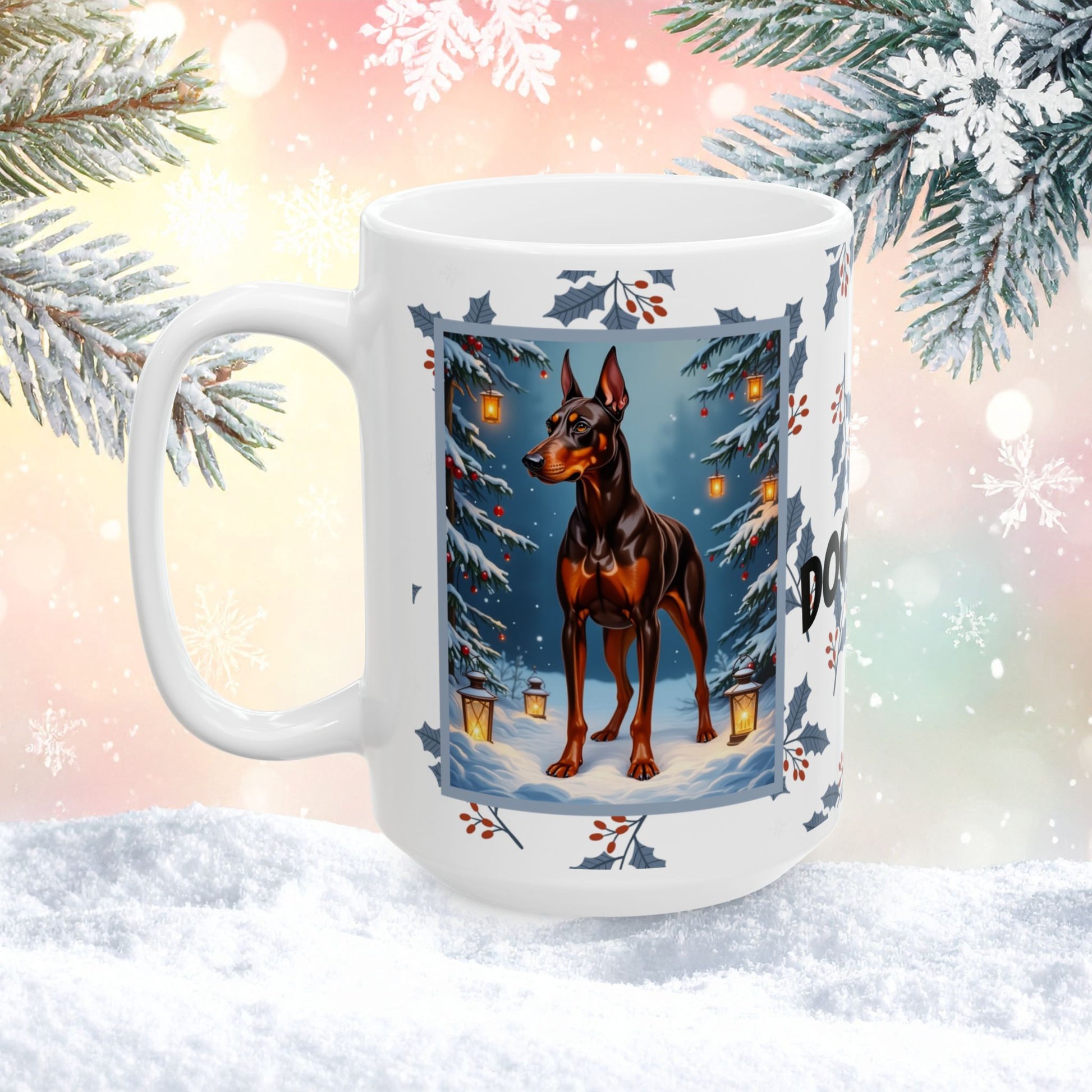 Doberman (Red & Rust) Winter Mug - red and rust Doberman artwork standing in a festive winter setting with soft snow details