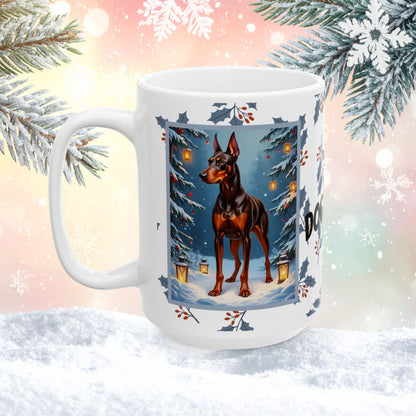 Doberman (Red & Rust) Winter Mug - red and rust Doberman artwork standing in a festive winter setting with soft snow details