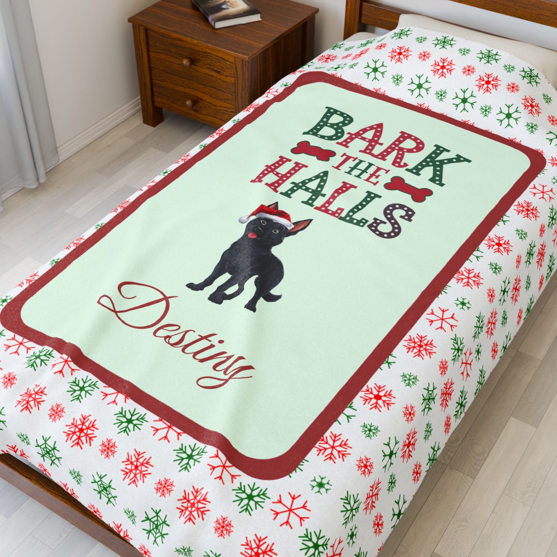 German Shepherd Black custom velveteen blanket Bark The Halls cozy holiday dog lover gift