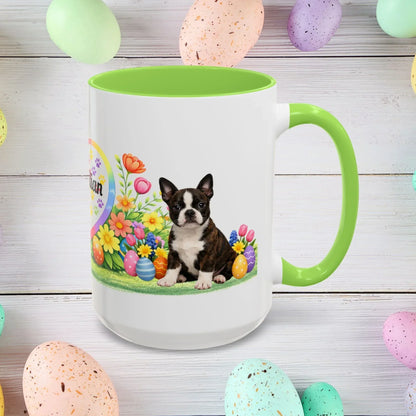 Shop our boston terrier brindle puppy easter mug featuring the 15oz style option from MySisterIsASurvivor.