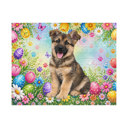 German Shepherd (Sable) Easter Puppy Puzzle - Spring Eggs, Wildflowers, and Butterflies