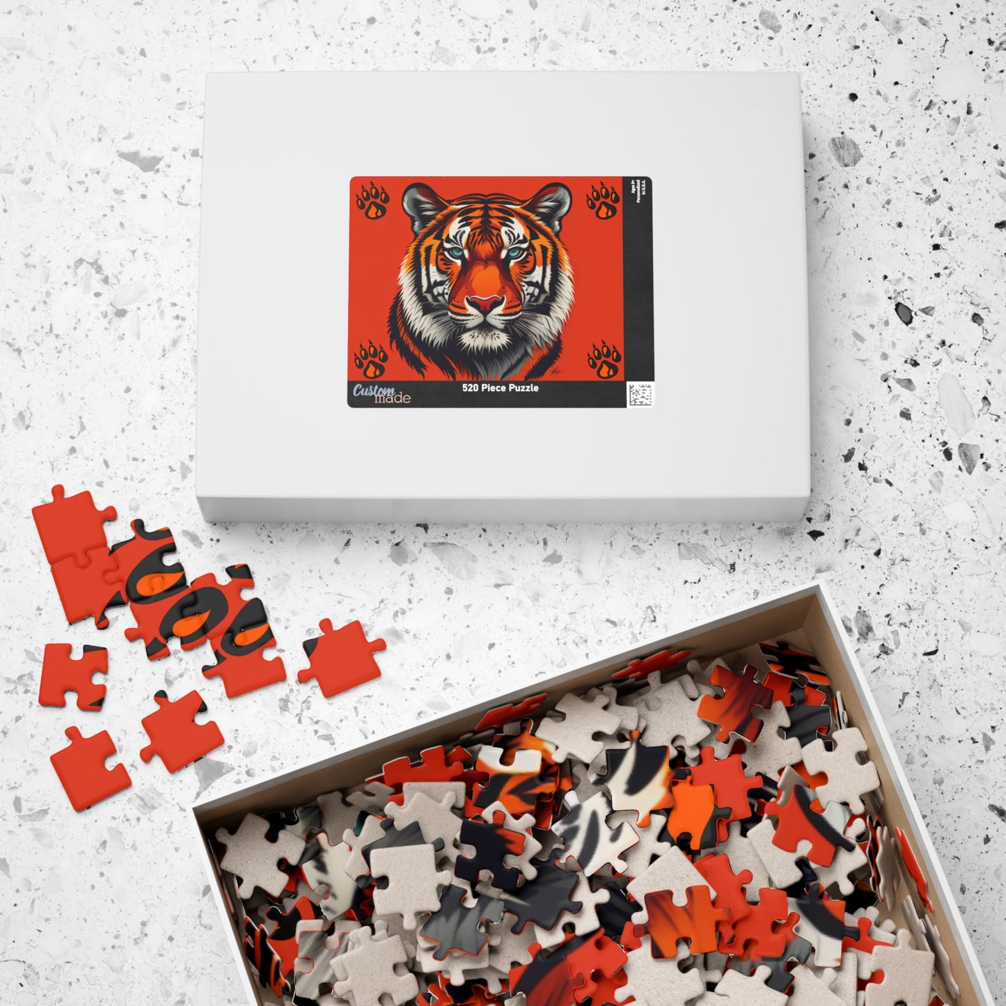 Wild Resilience - Tiger Portrait Puzzle with Paw Prints on Bold Red Background