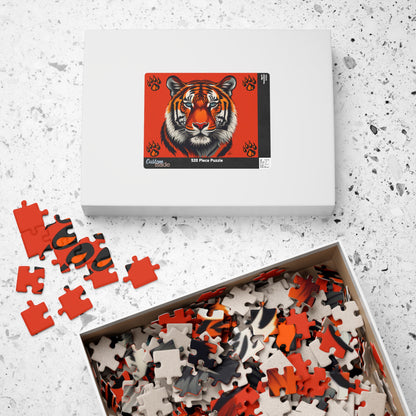Wild Resilience - Tiger Portrait Puzzle with Paw Prints on Bold Red Background