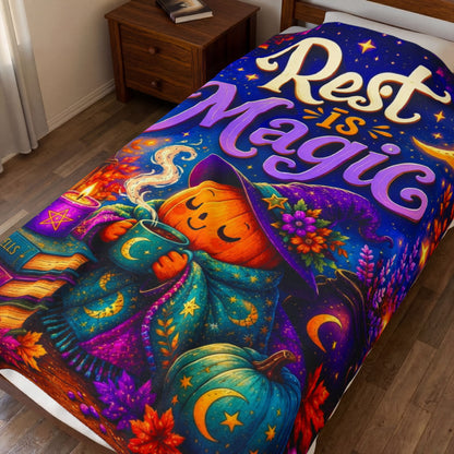 Rest Is Magic Velveteen Blanket - Sleepy Pumpkin Witch with Daily Spells Books and Moon Candle