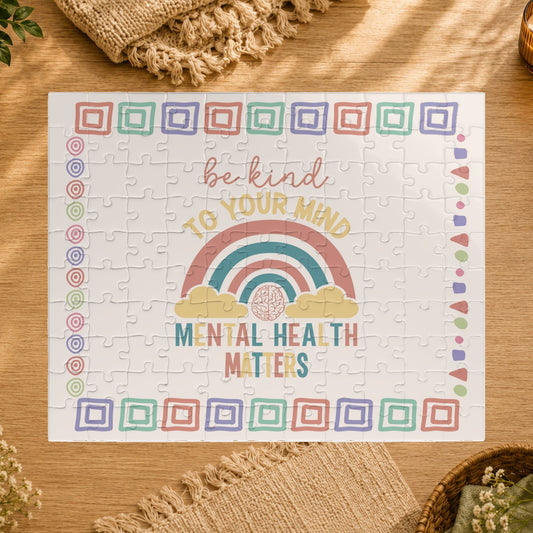 Jigsaw puzzle with a rainbow and motivational text on a white background