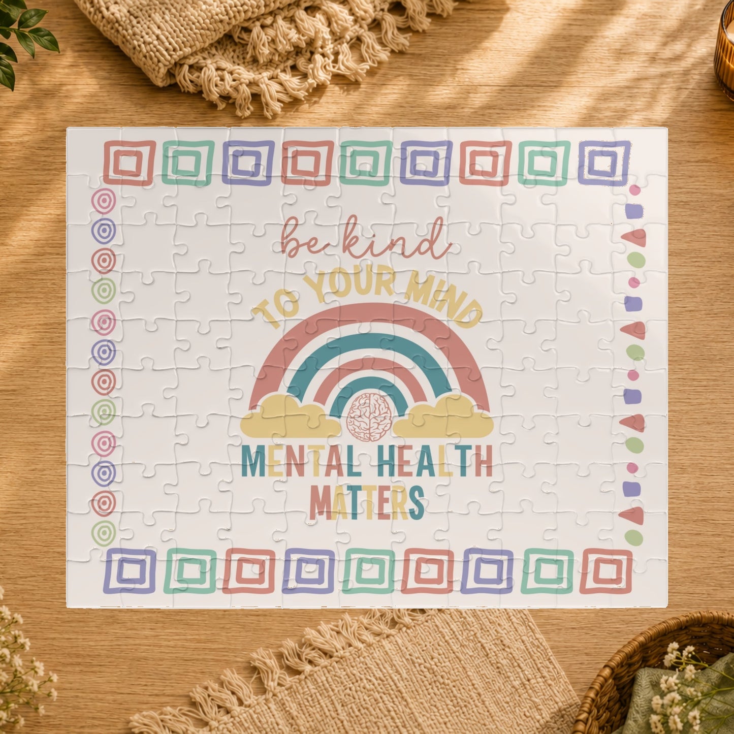 Jigsaw puzzle with a rainbow and motivational text on a white background