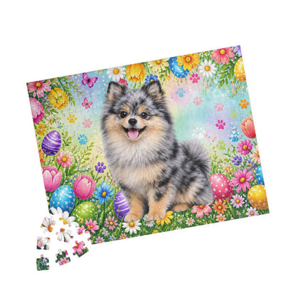 Pomeranian (Blue Merle) Easter Puppy Puzzle - Spring Garden with Eggs, Tulips, and Daisies