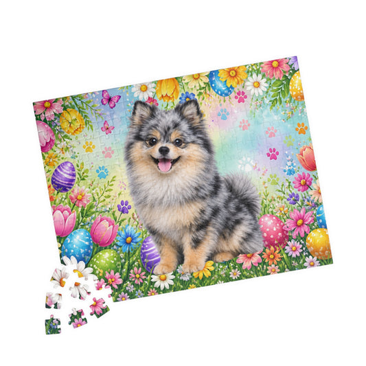 Pomeranian (Blue Merle) Easter Puppy Puzzle - Spring Garden with Eggs, Tulips, and Daisies