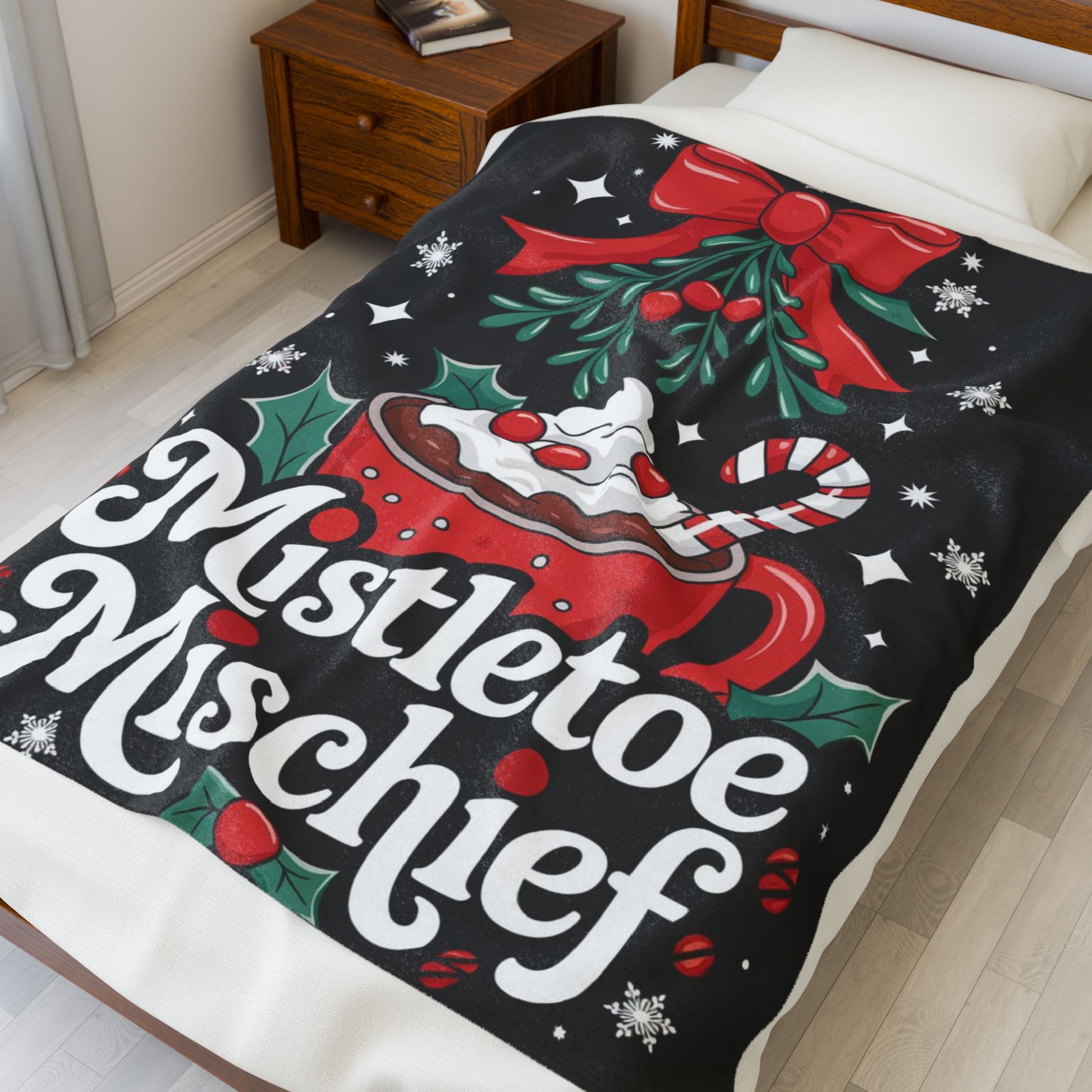 Holiday blanket “Mistletoe Mischief” cute Christmas throw with festive winter design for cozy fun