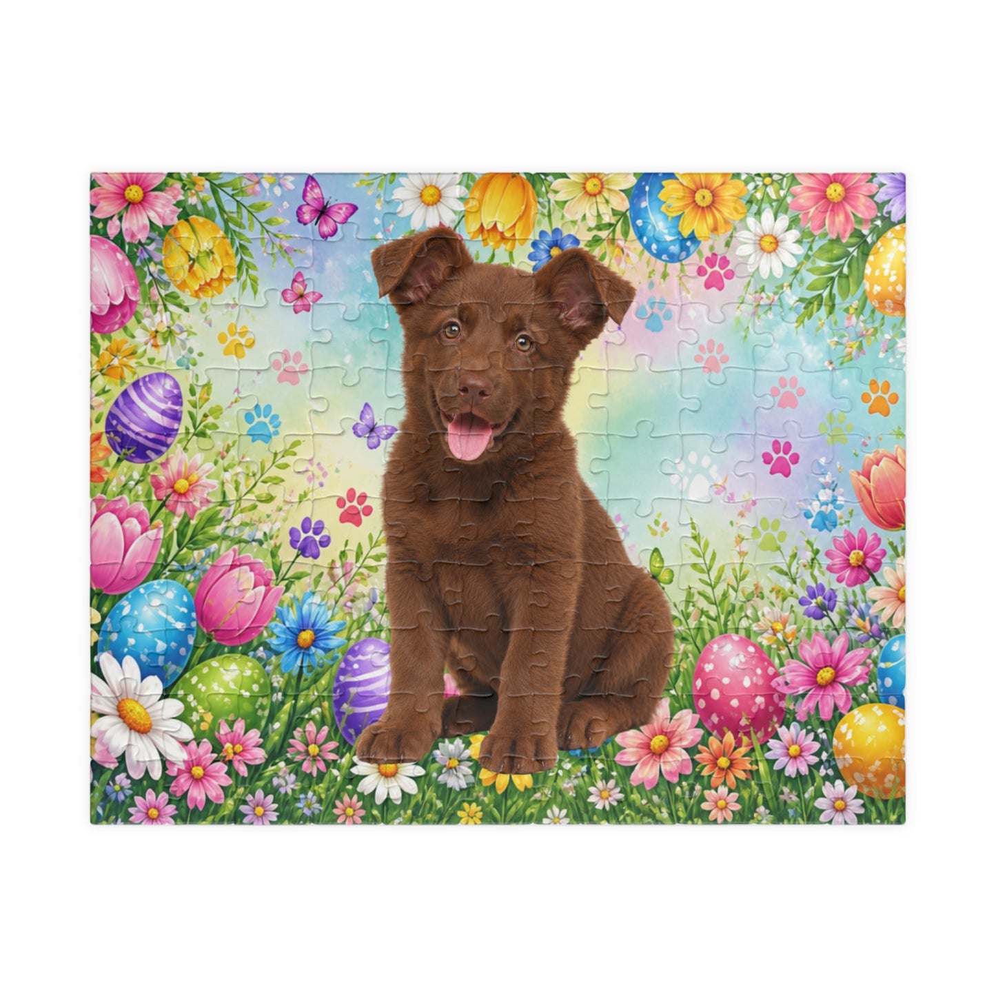 German Shepherd (Solid Liver) Easter Puppy Puzzle - Spring Garden with Eggs, Tulips, and Daisies
