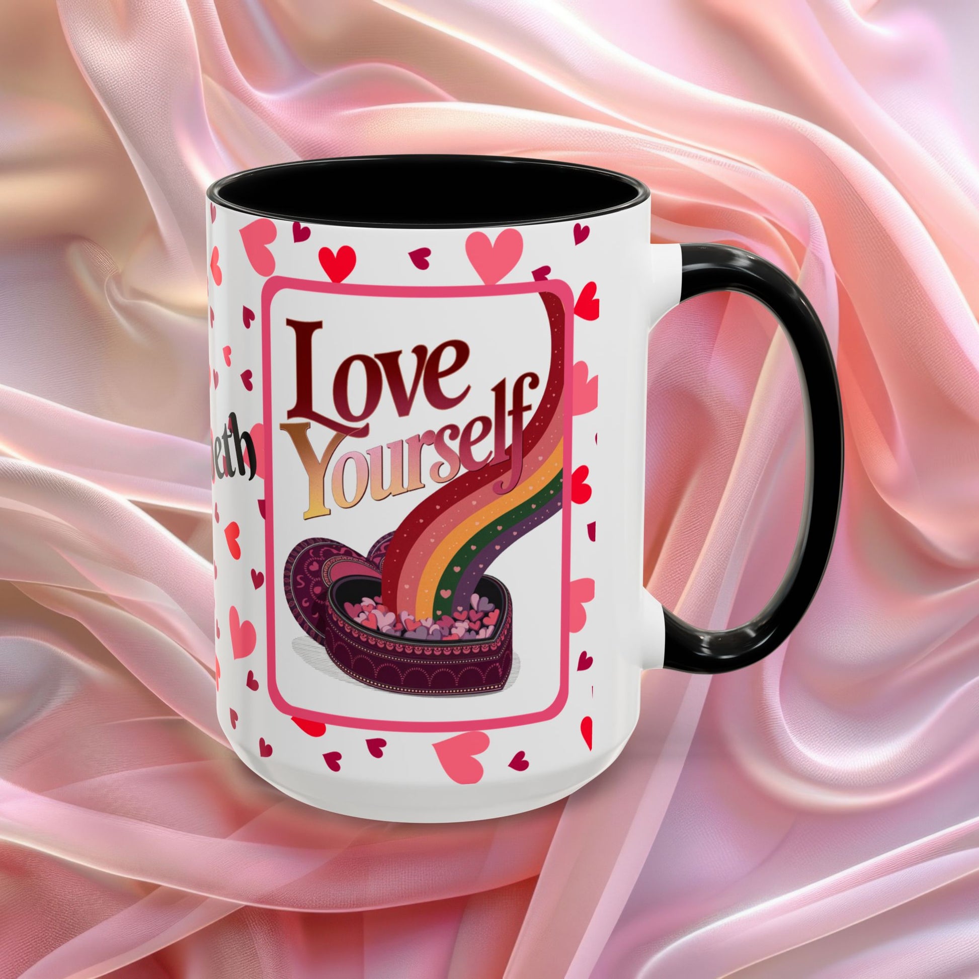 Love Yourself Valentines mug featuring self love message, Valentine themed ceramic coffee cup