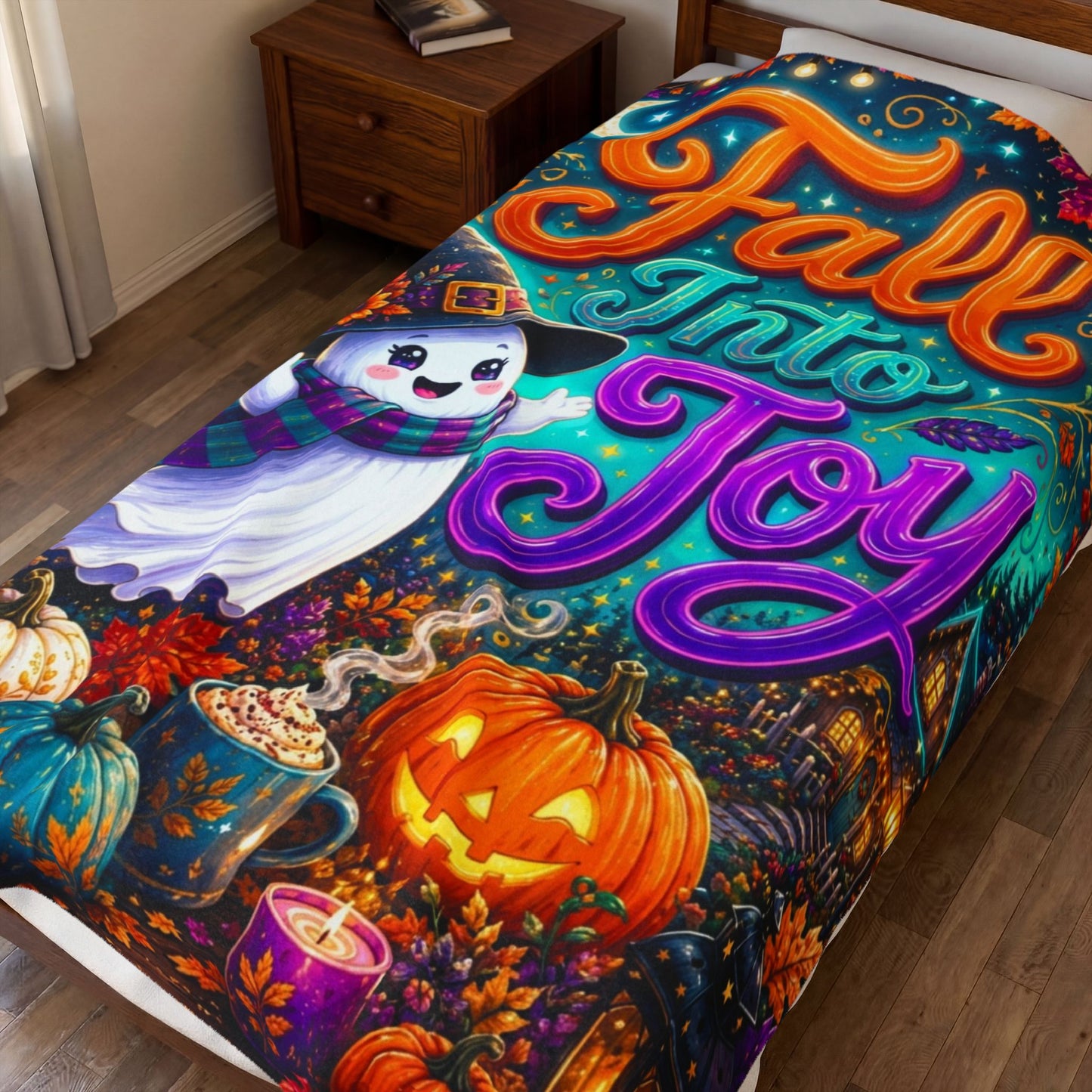 Fall Into Joy Velveteen Blanket - Ghost with Arms Raised in Delight with Pumpkins and Cozy Cottage