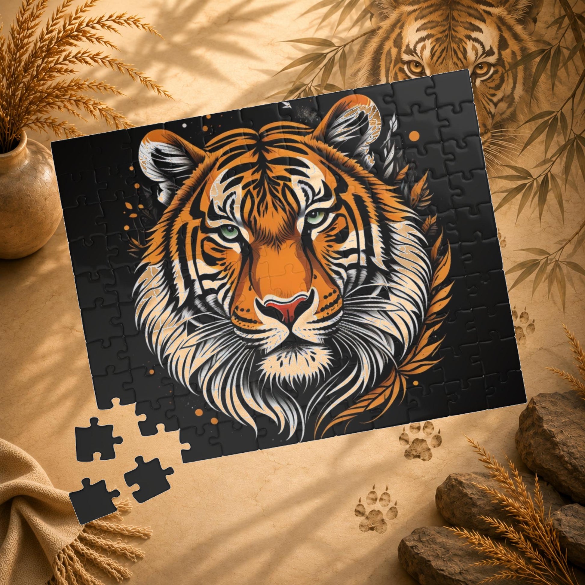 Jigsaw puzzle with a tiger design on a black background