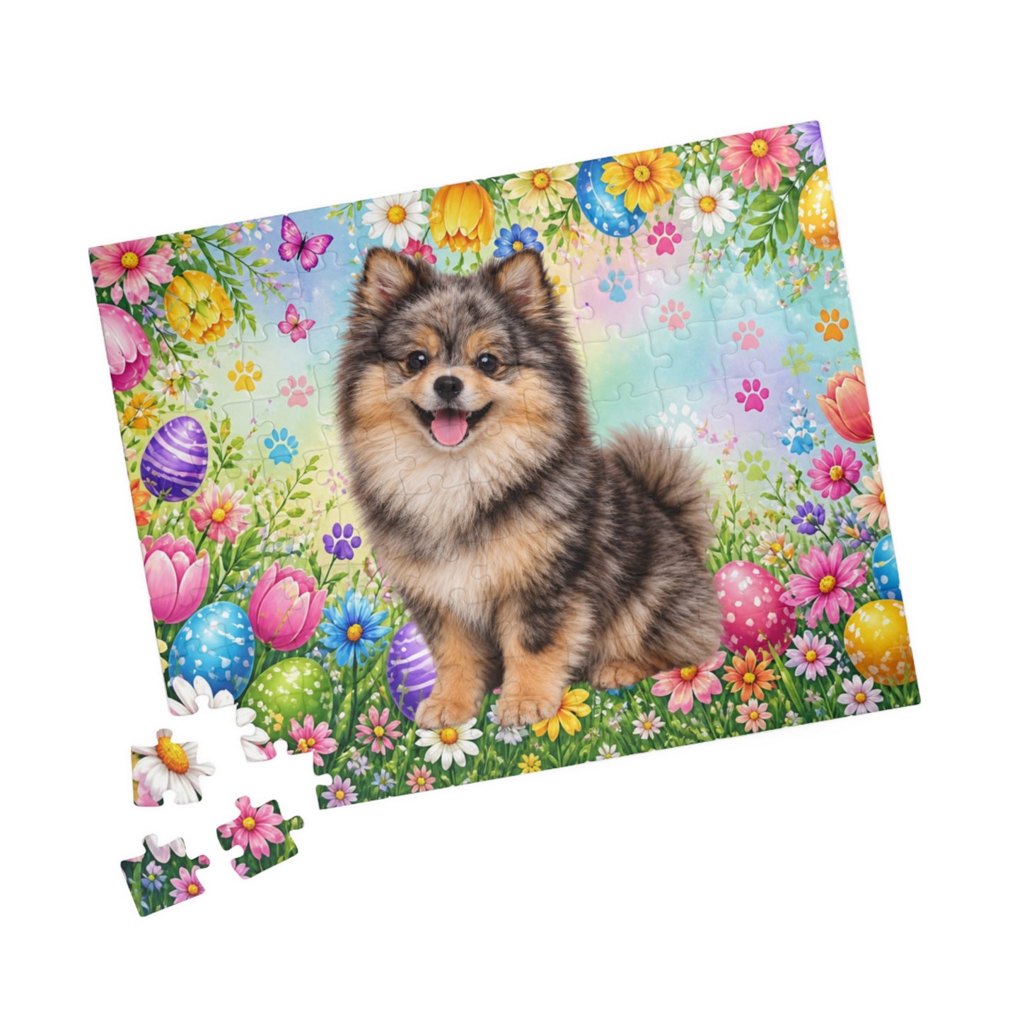 Pomeranian (Chocolate Merle) Easter Puppy Puzzle - Spring Garden with Eggs, Tulips, and Daisies