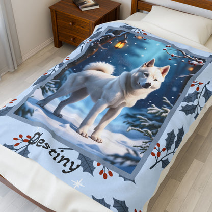 Husky White custom winter blanket showing a white Husky in a bright cheerful lodge winter illustration