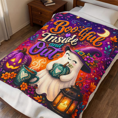 Boo-tiful Inside and Out Velveteen Blanket - Ghost with Floral Witch Hat and Heart Pumpkin