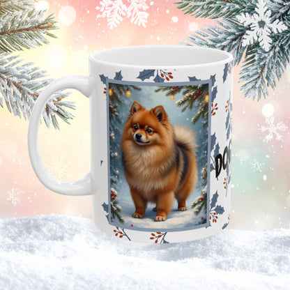 Pomeranian (Orange Sable) Winter Mug - orange sable pomeranian illustrated standing in a winter scene with pine trees