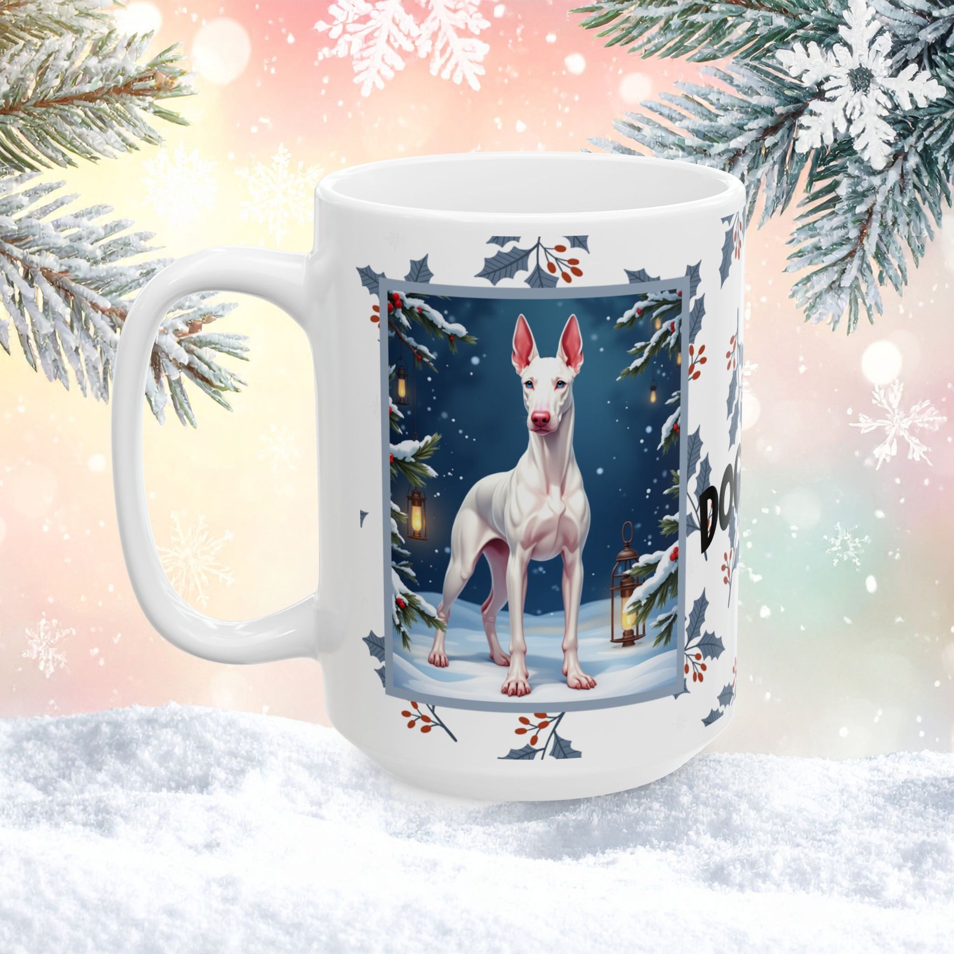 Doberman (White) Winter Mug - white Doberman artwork standing in a snowy winter setting with soft seasonal details