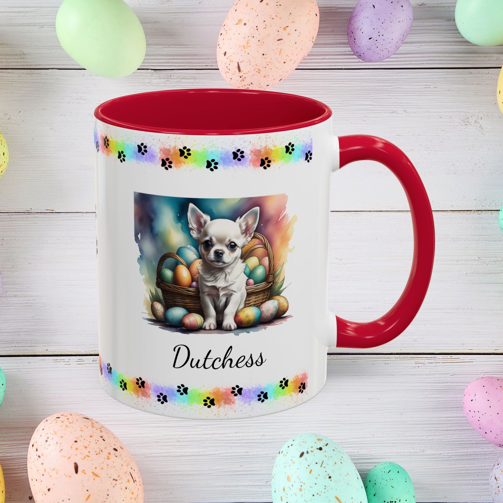 Chihuahua (White): Personalized Easter Puppy Coffee Mug - Adorable Dog Design, Mental Health Gift, 11oz & 15oz, 12 Color Choices, Easter Gifts & Décor