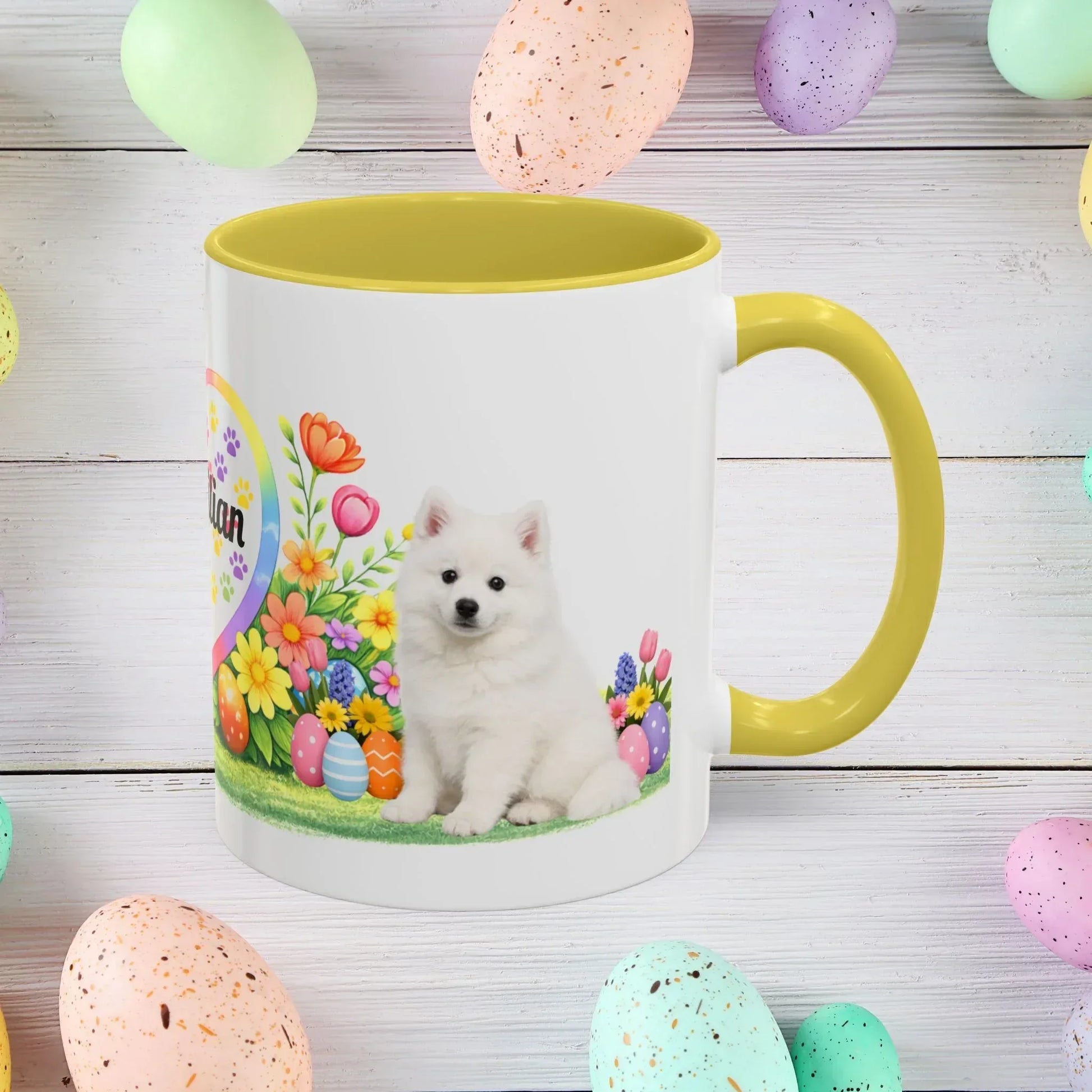 Shop our american eskimo puppy easter mug featuring the 15oz style option from MySisterIsASurvivor.
