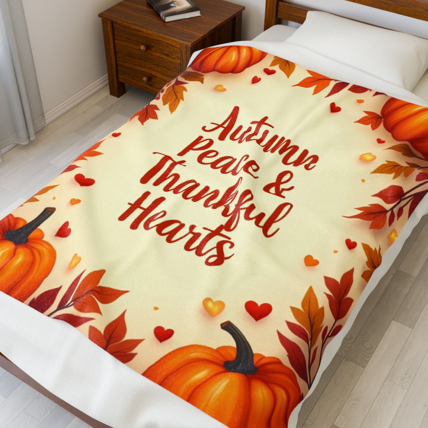 Thanksgiving blanket with “Autumn Peace & Thankful Hearts,” warm fall colors, peaceful cozy design.