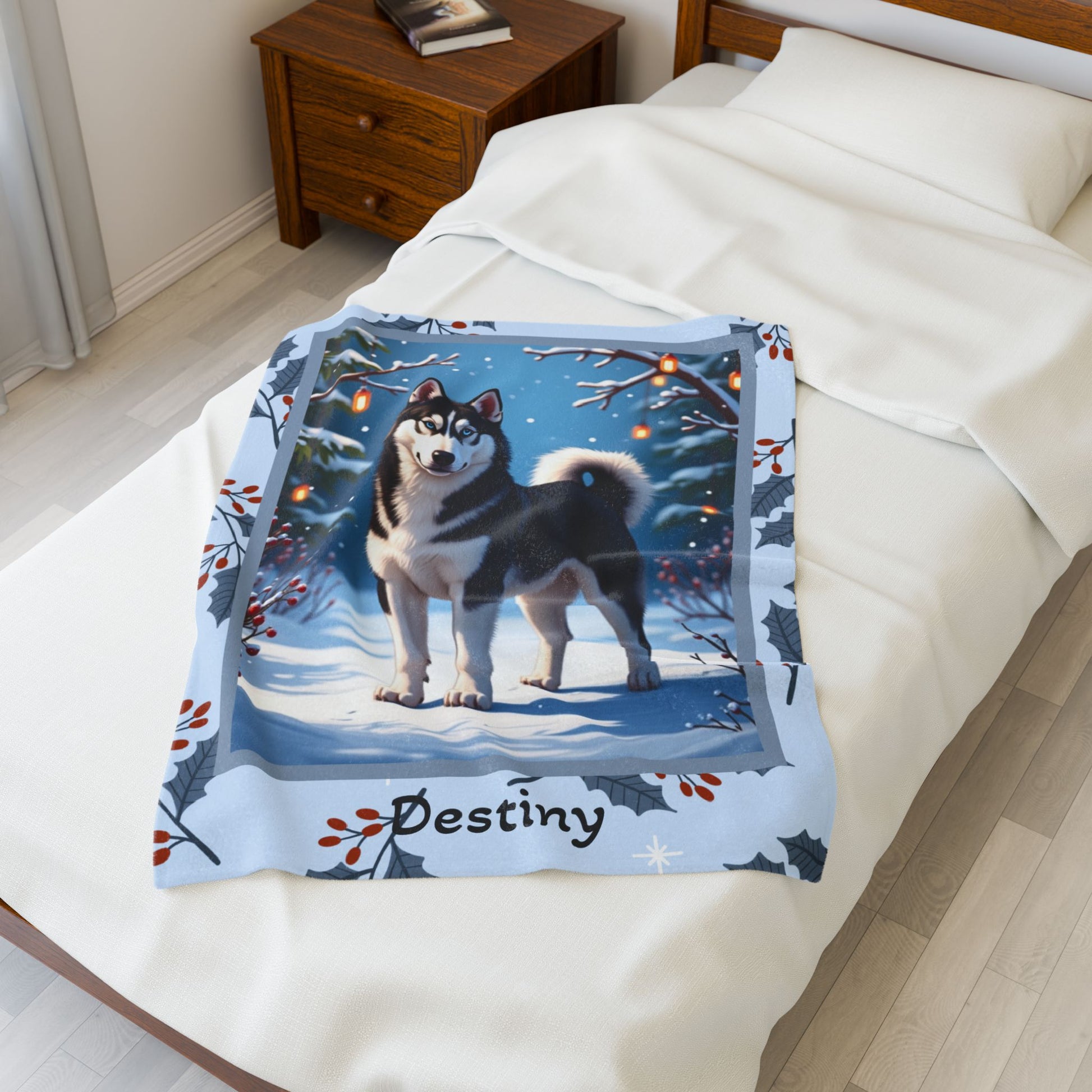 Husky Black and White personalized winter throw with striking Husky artwork and glowing snowy lodge background