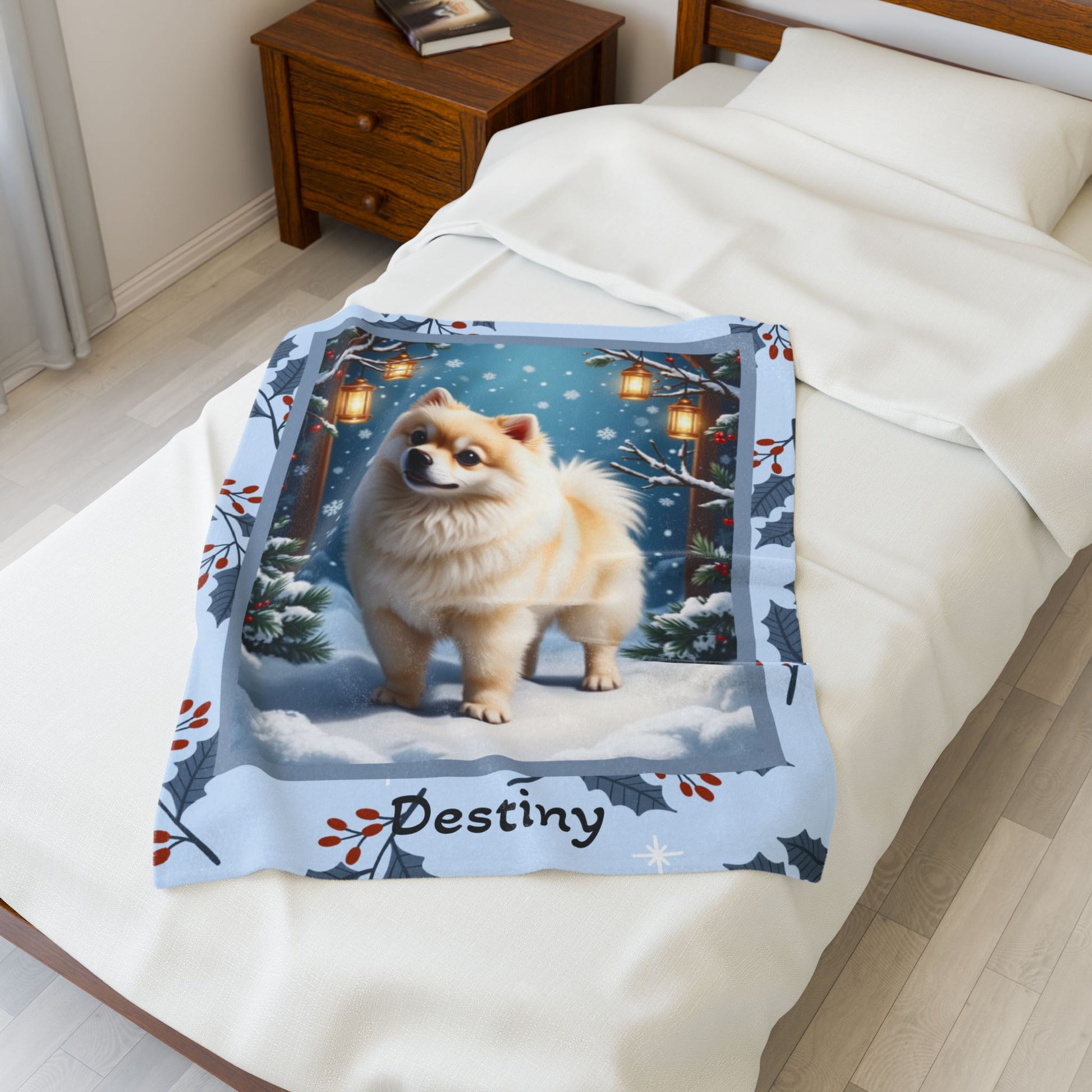 Pomeranian White and Cream personalized winter throw featuring a fluffy Pom in a glowing lodge winter scene