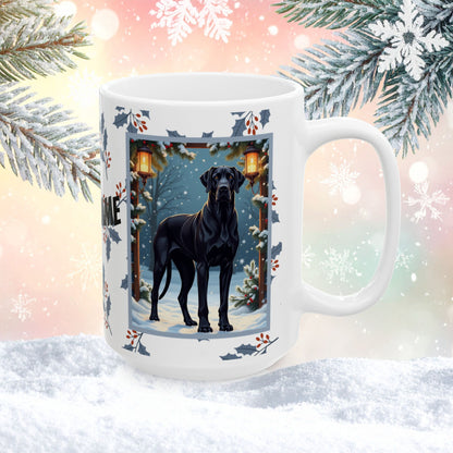 Great Dane (Black) Winter Mug - black Great Dane illustrated standing tall in a winter setting with snowy background
