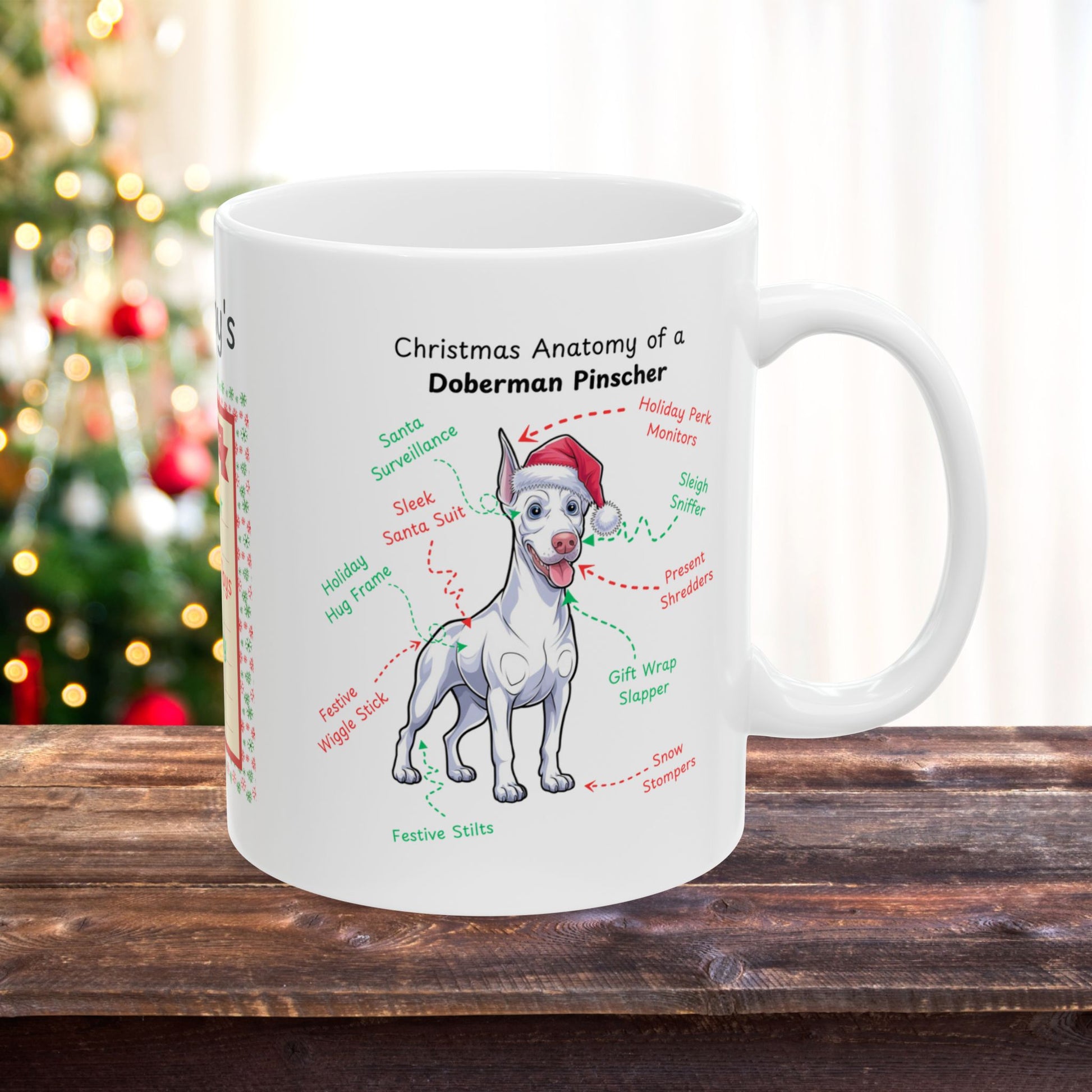 Doberman (White) Christmas Mug - custom dog anatomy coffee cup, perfect holiday gift for Doberman pet parents