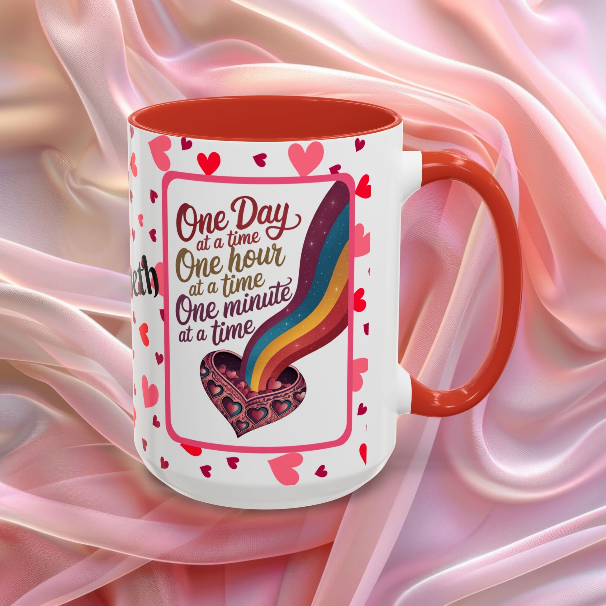 One Day At A Time Valentines mug promoting calm and patience, supportive Valentine coffee cup