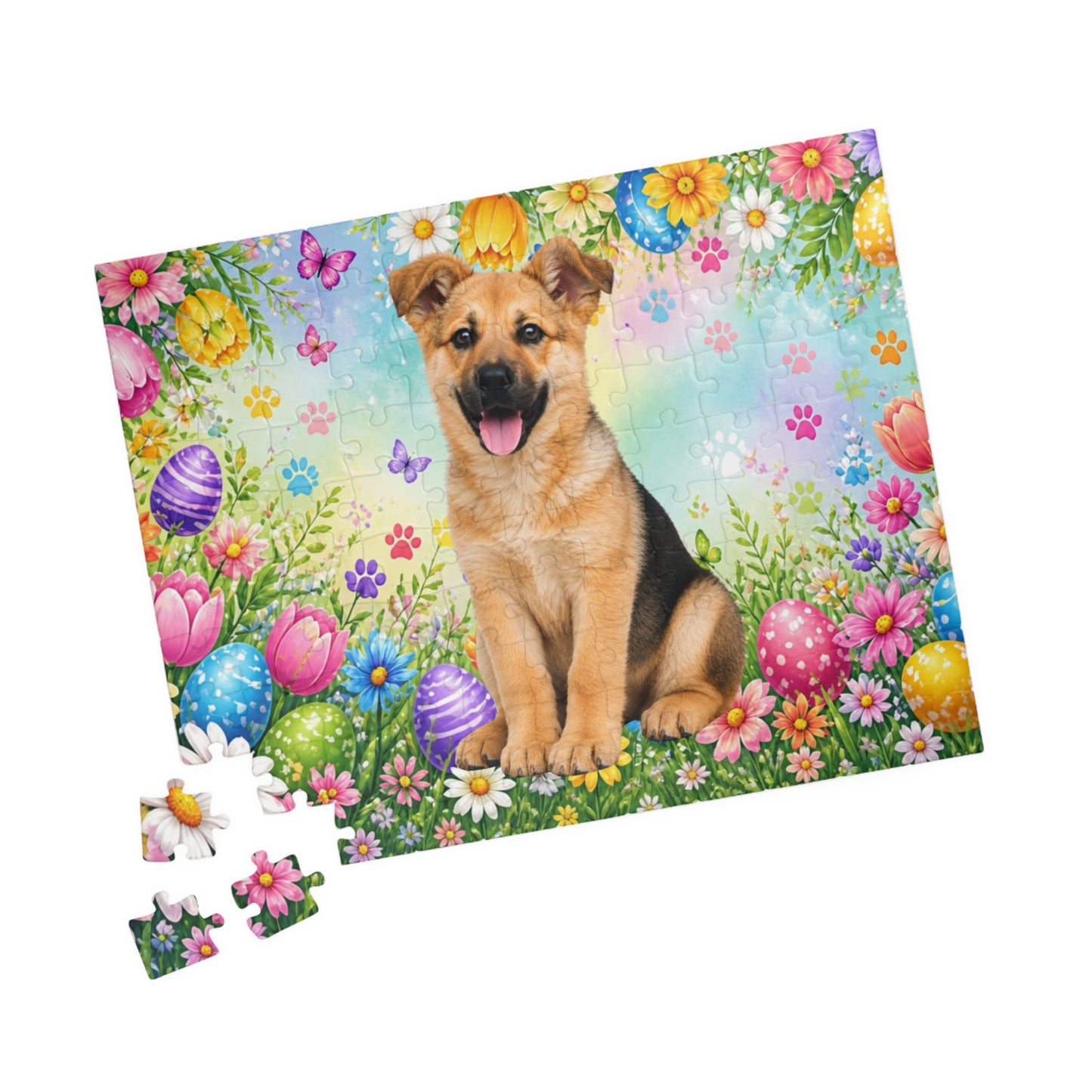 German Shepherd (Black & Tan) Easter Puppy Puzzle - Tulips, Easter Eggs, and Butterflies