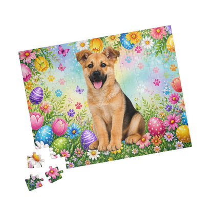 German Shepherd (Black & Tan) Easter Puppy Puzzle - Tulips, Easter Eggs, and Butterflies