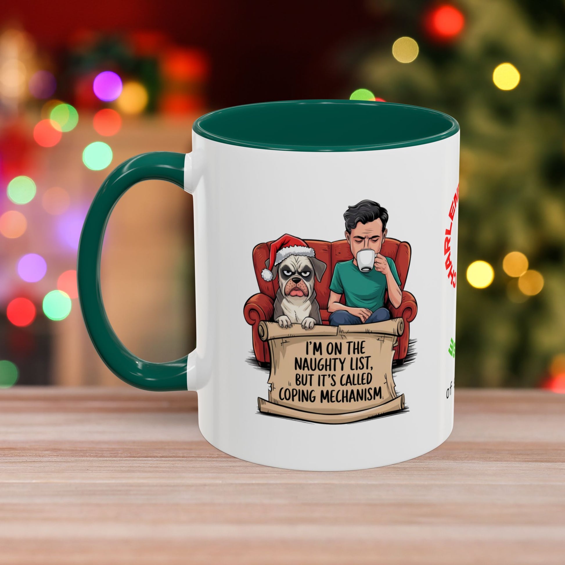 I'm On The Naughty List, But It's Called 'Coping Mechanism' – Christmas Mug with Male and Dog Design and Accent Color