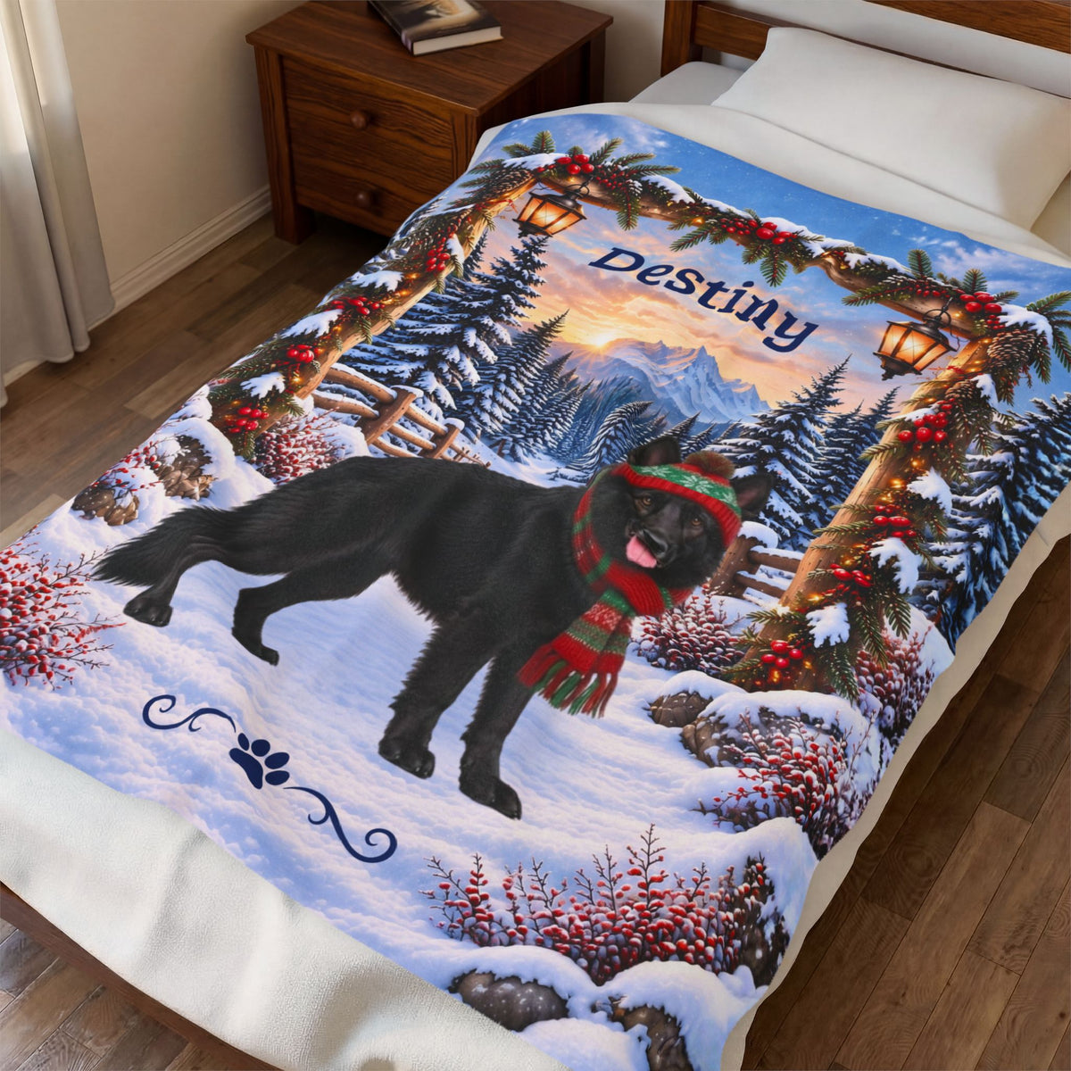 German Shepherd (Black Coat) - Personalized Winter Woodland Blanket, Custom Name Velveteen Throw - MySisterIsAsurvor