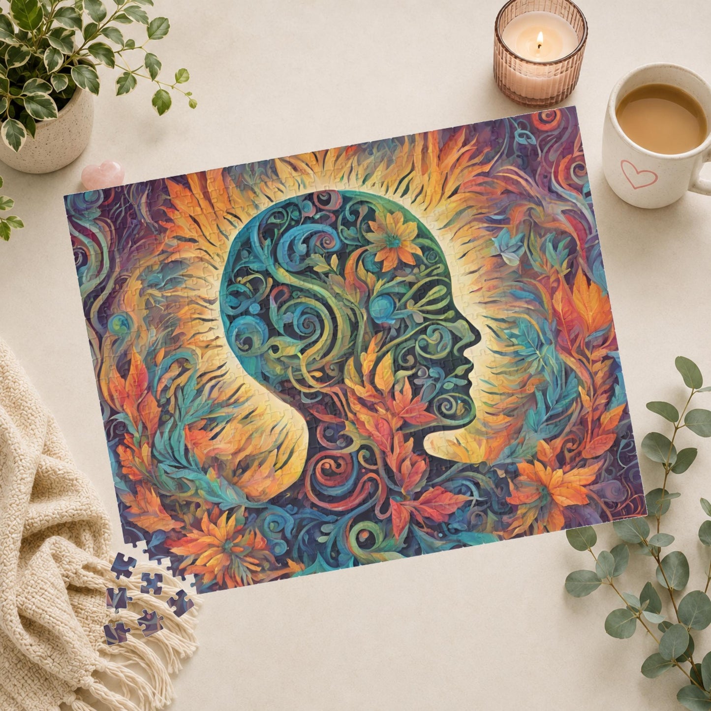 Healing the Soul - Mind-as-Garden Puzzle with Botanical Head Silhouette and Golden Halo on Autumn Leaves