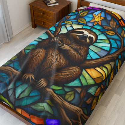 A relaxing sloth blanket with stained glass-inspired design for mindfulness and calm comfort.