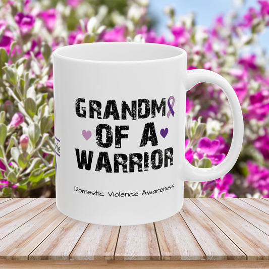 Grandma of a Warrior - Personalized Domestic Violence Awareness Gift, Empowerment and Resilience Ceramic Mug, Support for Survivors