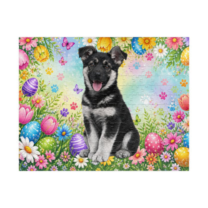 German Shepherd (Black & Silver) Easter Puppy Puzzle - Flowers, Eggs, and Spring Fun