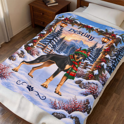 Doberman (Black & Fawn Coat) - Personalized Winter Blanket, Snowy Mountain Velveteen Throw