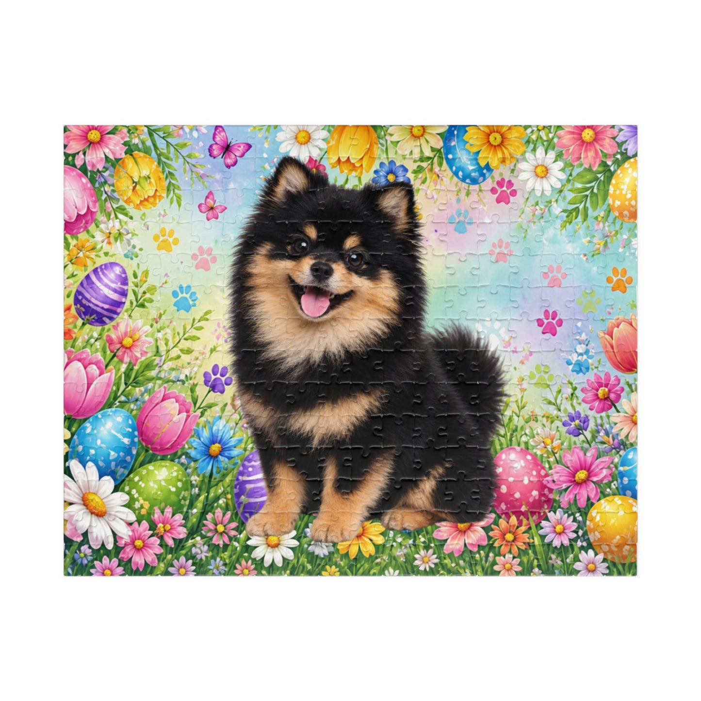 Pomeranian (Black & Tan) Easter Puppy Puzzle - Spring Garden with Eggs, Tulips, and Daisies