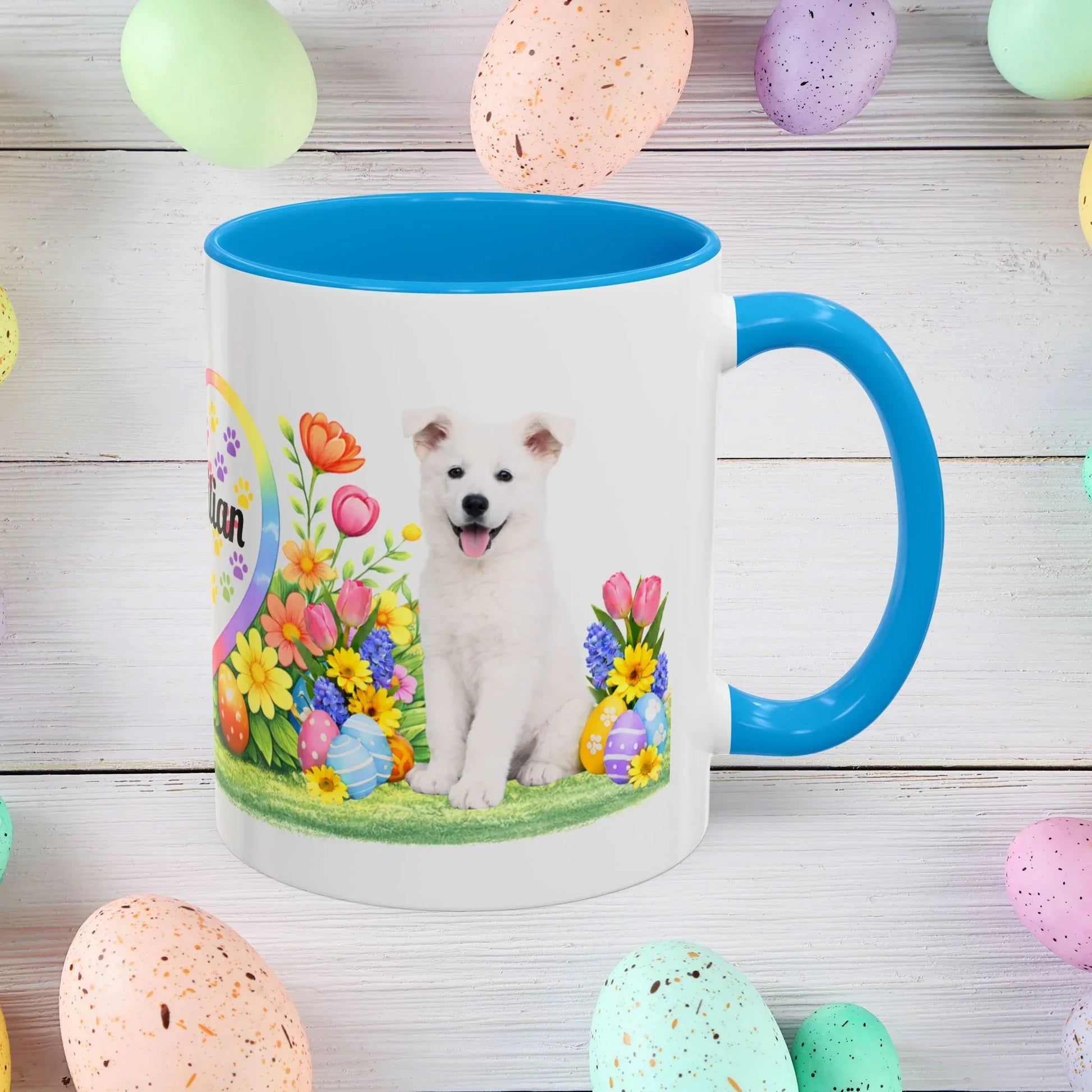 Shop our german shepherd white puppy easter mug featuring the 11oz style option from MySisterIsASurvivor.