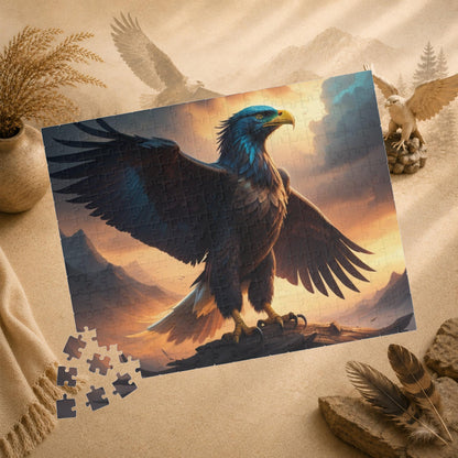 Wingspan of Strength - Full-Body Eagle Puzzle with Wings Spread Wide on Golden Stormy Sky Background