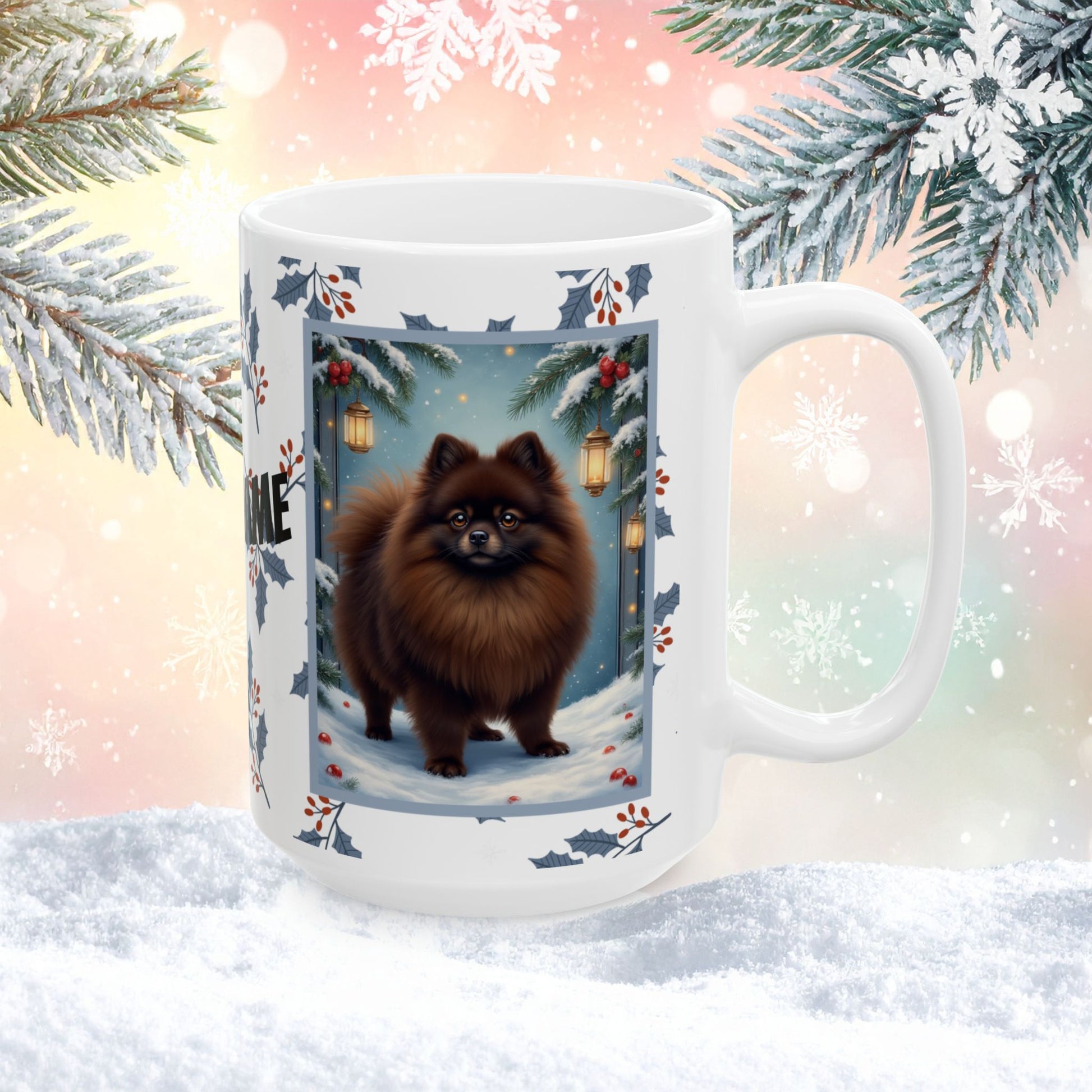 Pomeranian (Chocolate) Winter Mug - chocolate pomeranian illustrated standing in a snowy winter scene