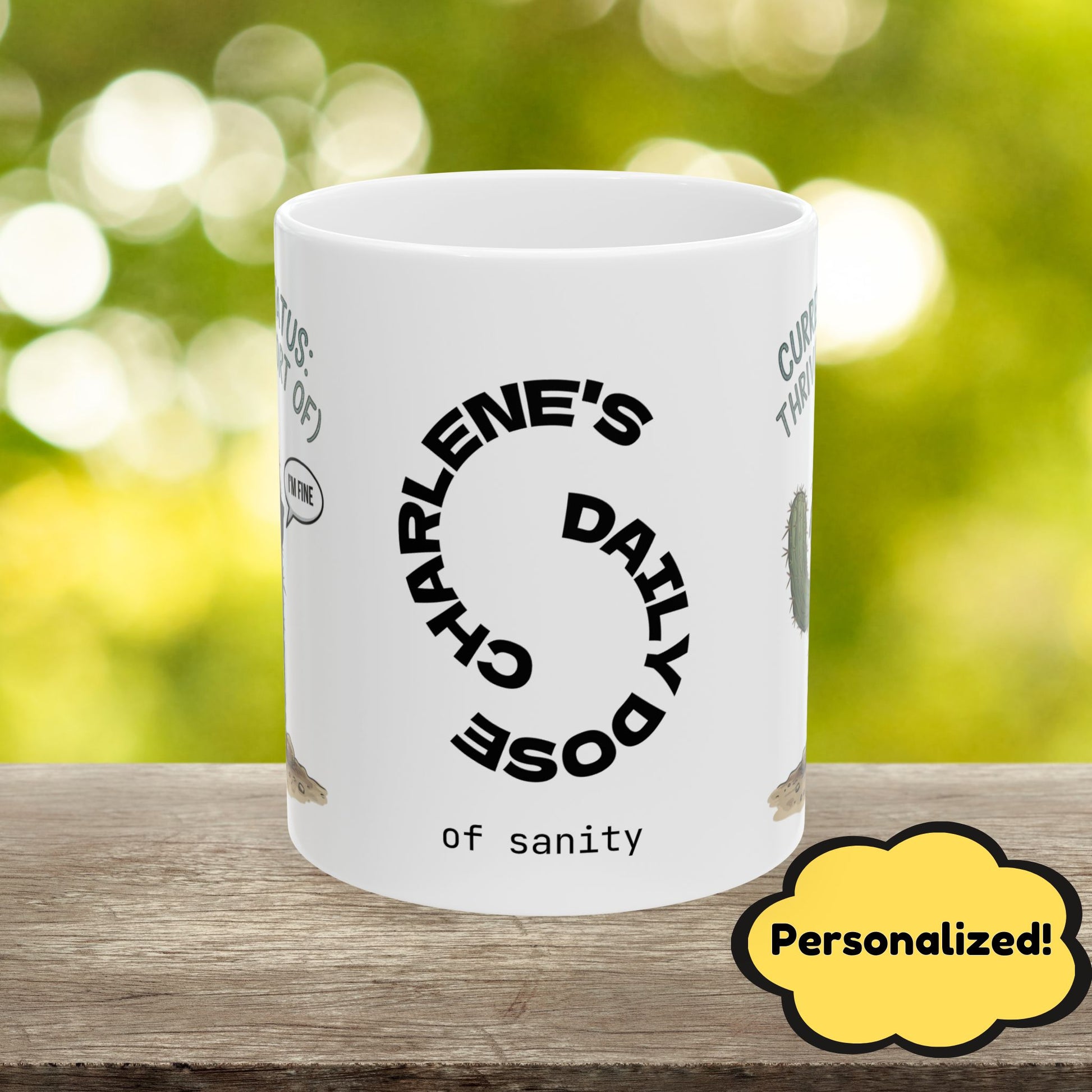 "Current Status: Thriving (Sort Of)" funny mental health mug, personalized for anxiety relief and self-care affirmations.
