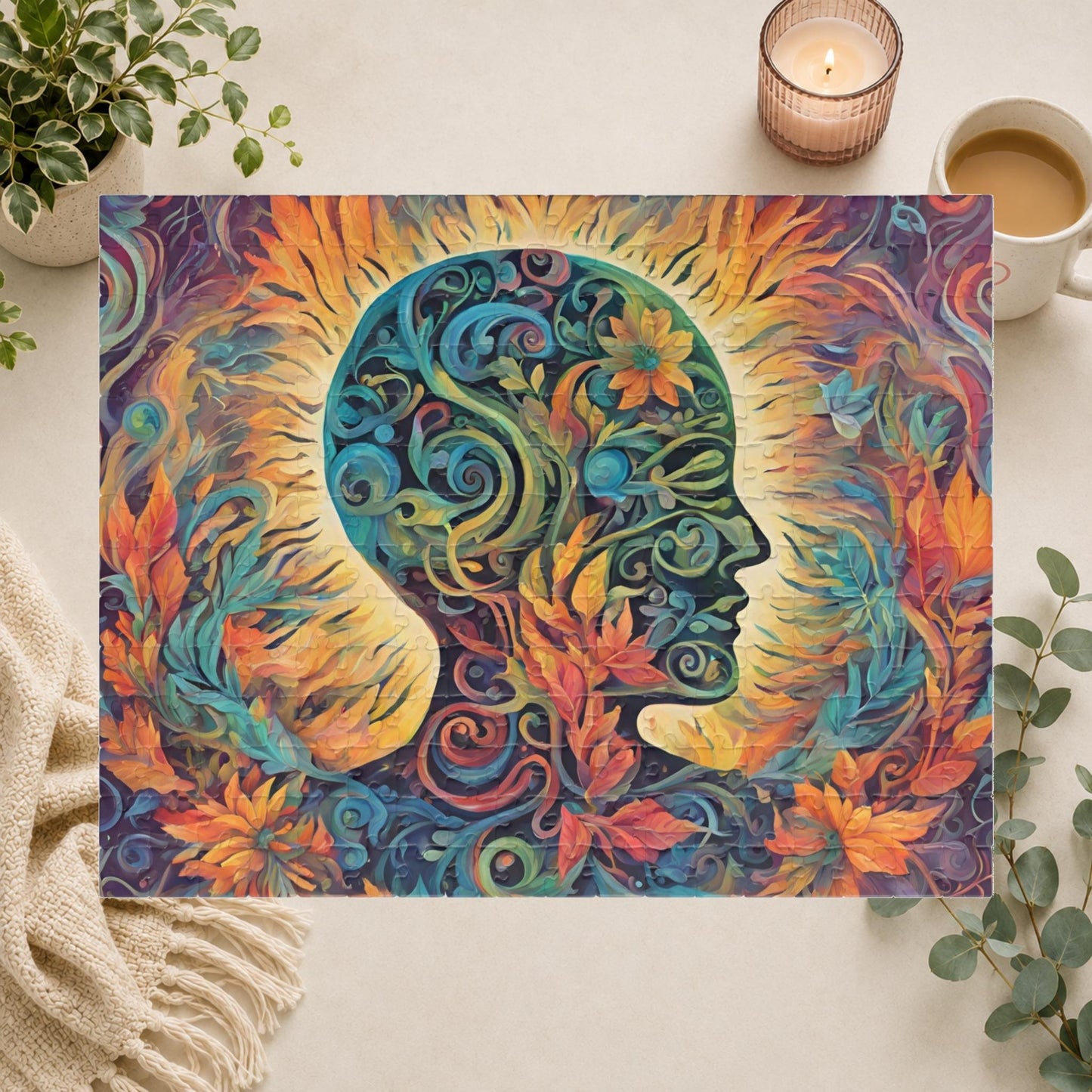 Healing the Soul - Mind-as-Garden Puzzle with Botanical Head Silhouette and Golden Halo on Autumn Leaves