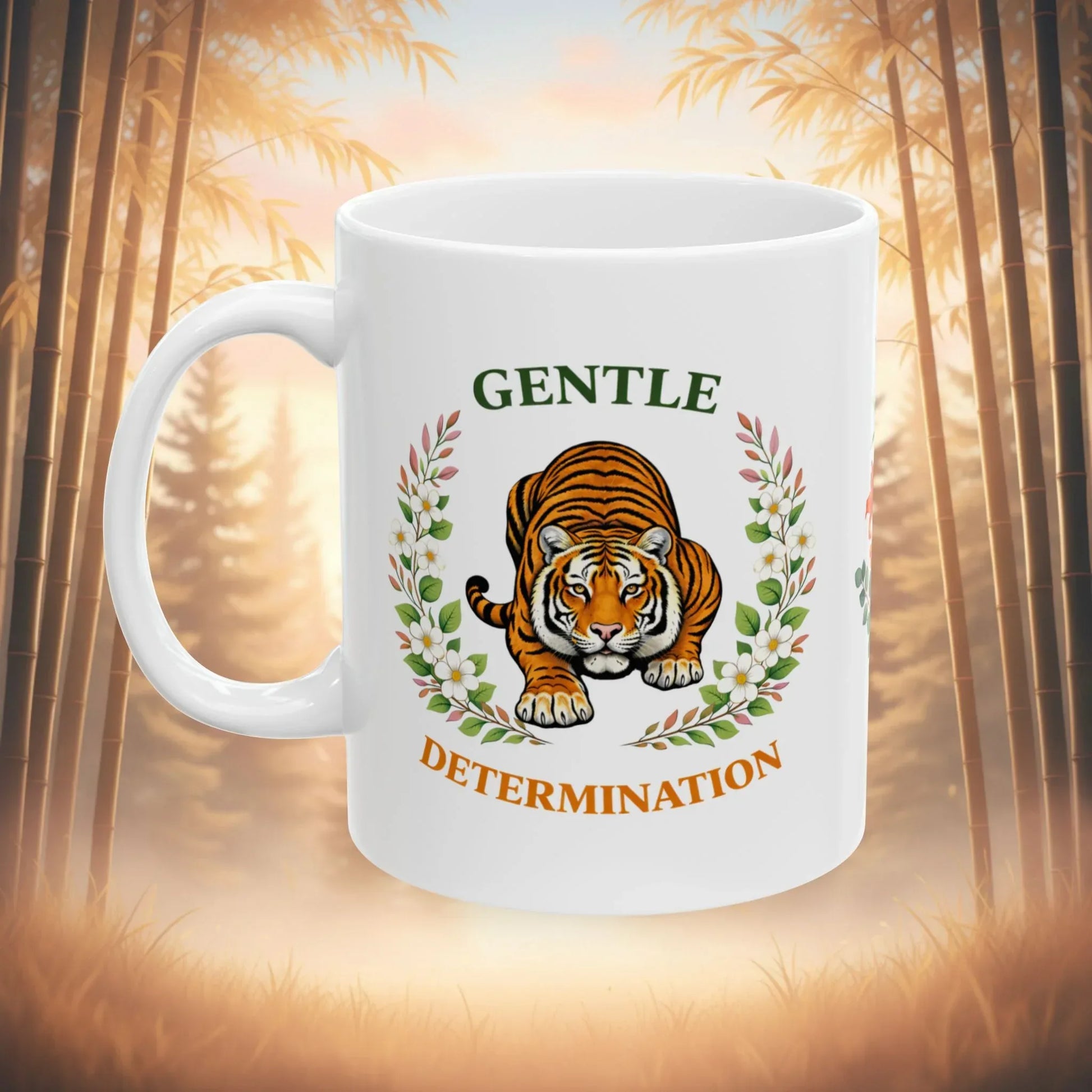 Shop our gentle determination tiger mug featuring the 15oz style option from MySisterIsASurvivor.