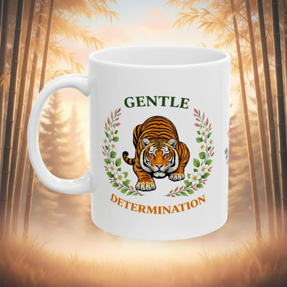 Shop our gentle determination tiger mug featuring the 15oz style option from MySisterIsASurvivor.