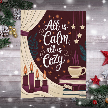Cozy Christmas blanket “All Is Calm, All Is Cozy” with winter holiday design, soft festive throw for comfort