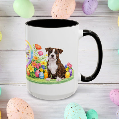 Shop our pitbull brindle white puppy easter mug featuring the 15oz style option from MySisterIsASurvivor.